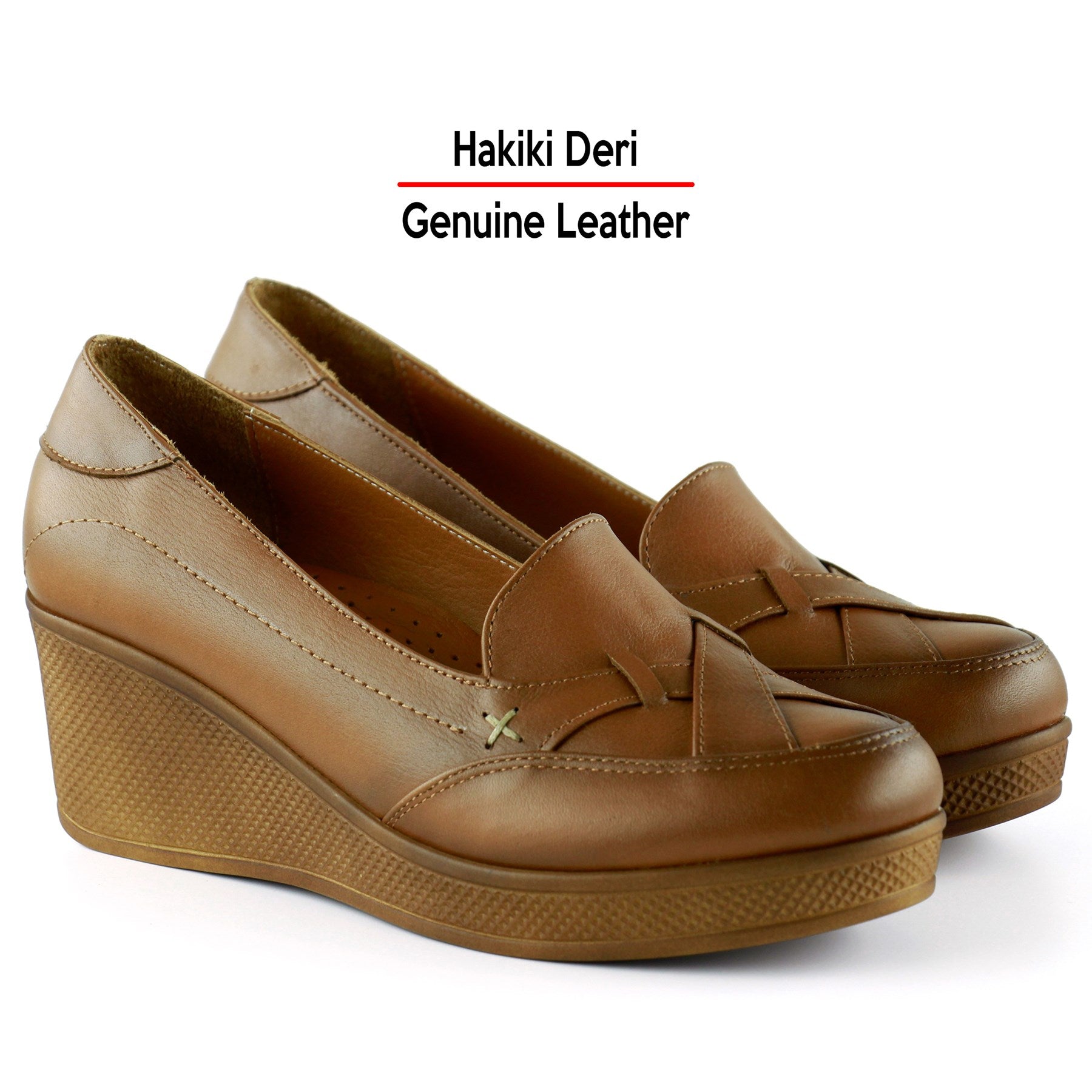 Shay Exclusive Taba Hakiki Deri Çapraz Bant Detaylı İşlemeli Dolgu Topuklu Günlük Ayakkabı