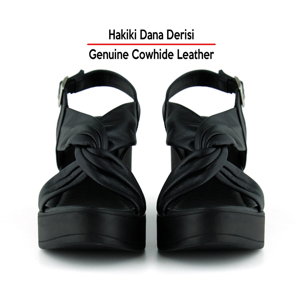 Monica Siyah Hakiki Dana Derisi Çapraz Burgulu Dolgu Topuklu Slingback Sandalet