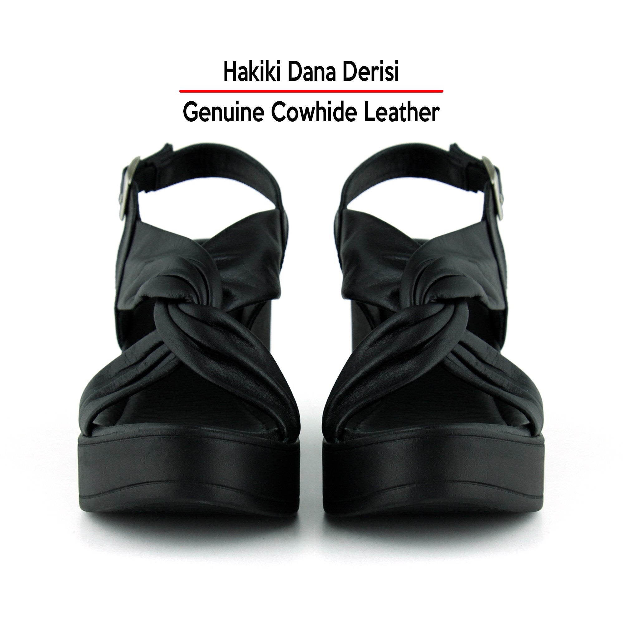 Monica Siyah Hakiki Dana Derisi Çapraz Burgulu Dolgu Topuklu Slingback Sandalet