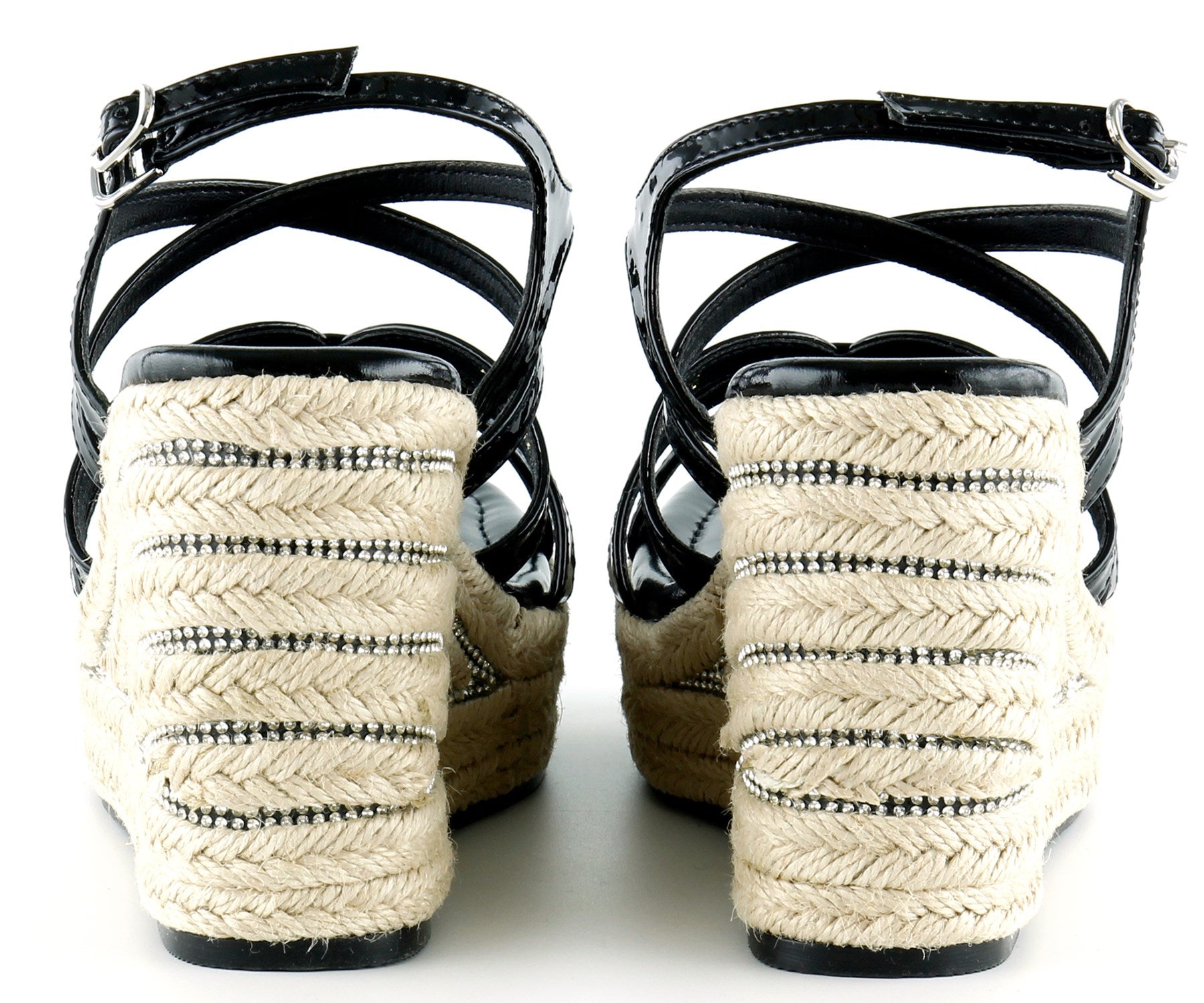 [7002] Siyah Rugan Çapraz Bantlı Taşlı Zikzak Örgü Jüt Platform Topuklu Sandalet