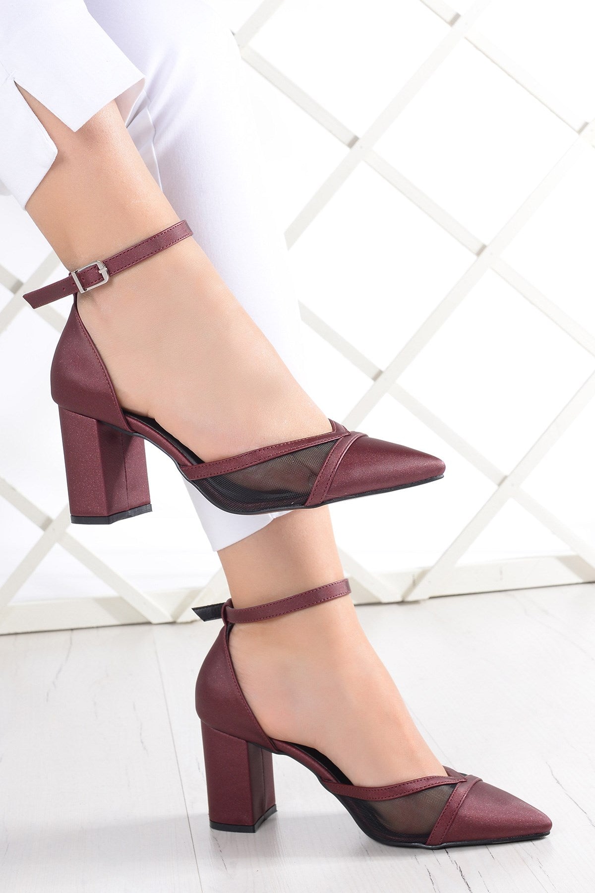 Millie Bordo Saten Fileli Kalın Topuklu Abiye Ayakkabı