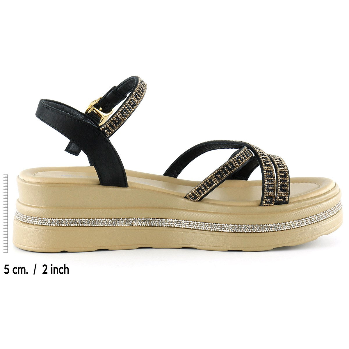 [7026] Siyah Saten Altın Kristal Taşlı Platform Sandalet