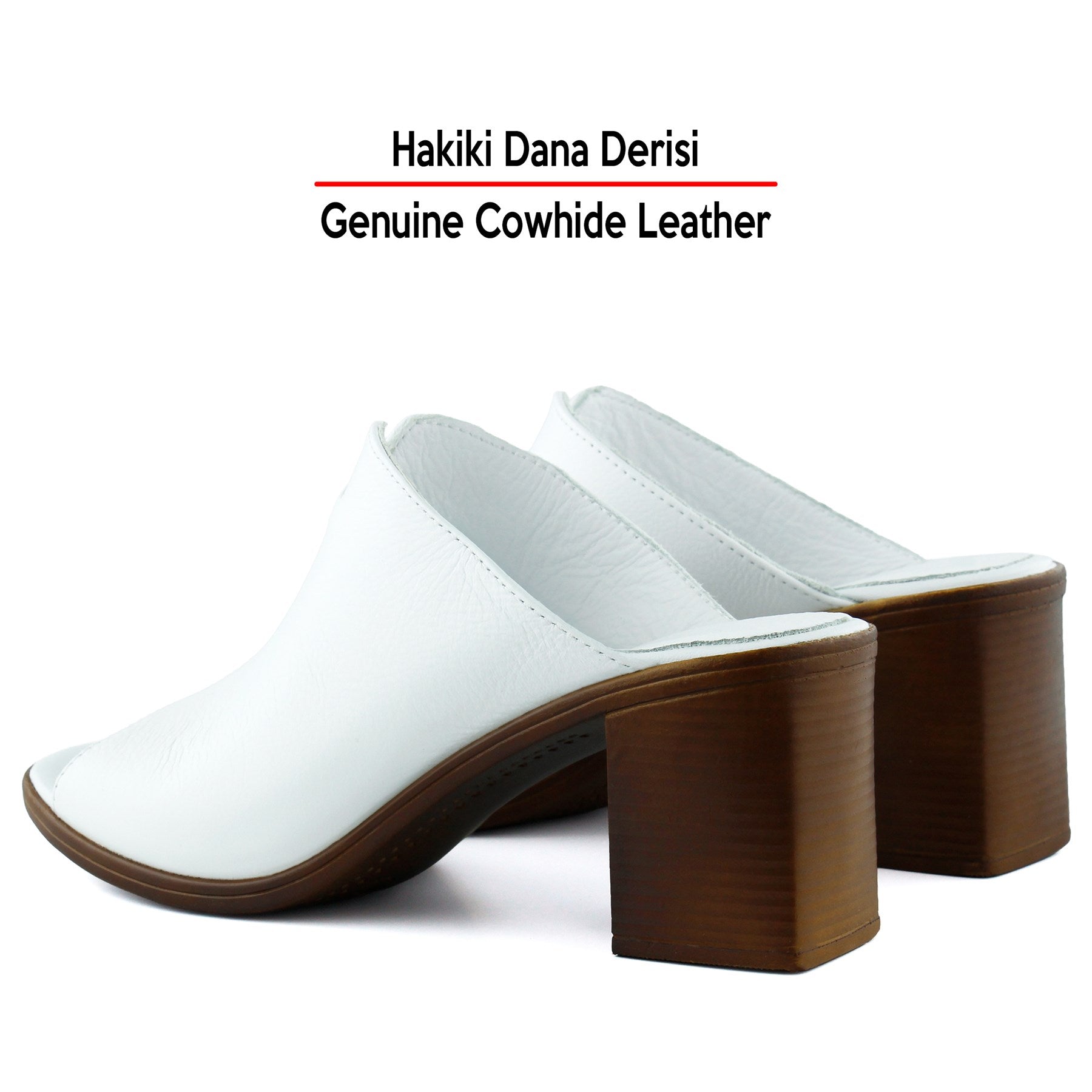 Valery Beyaz Hakiki Dana Derisi Önü Açık Kalın Topuklu Terlik