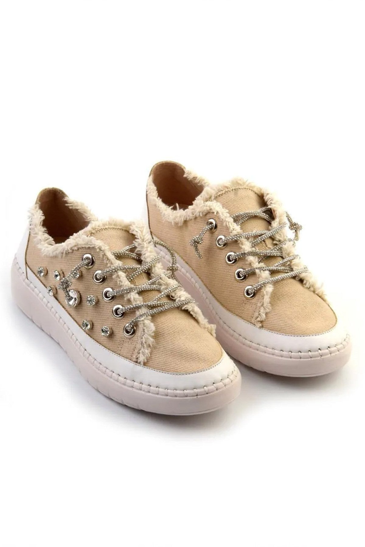 Valentina Bej Denim Kristal Taşlı Gümüş Bağcıklı Sneaker