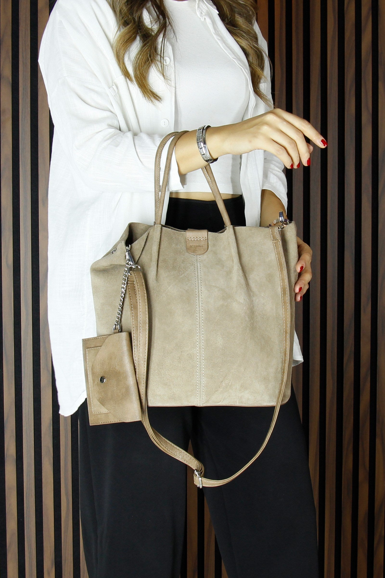 (VSN5010OC) Vizon Hakiki Dana Süet Manyetik Kapaklı İç Cepli Askılı Günlük Büyük Boy Omuz Çantası ve Cüzdanı