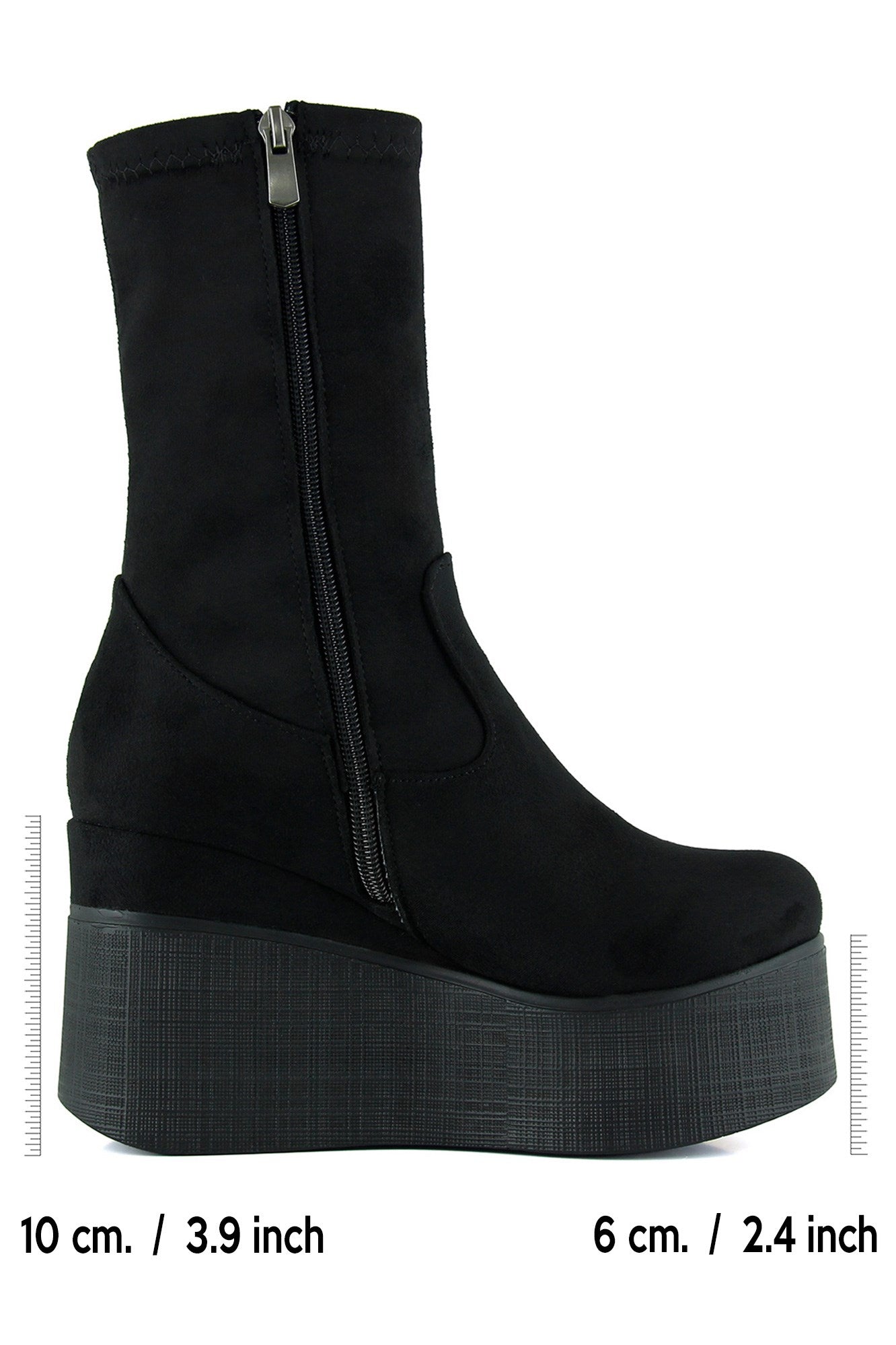 Yuki Siyah Süet Streç Kürk Astarlı Fermuarlı Yuvarlak Burun Gizli Dolgu Topuklu Bot