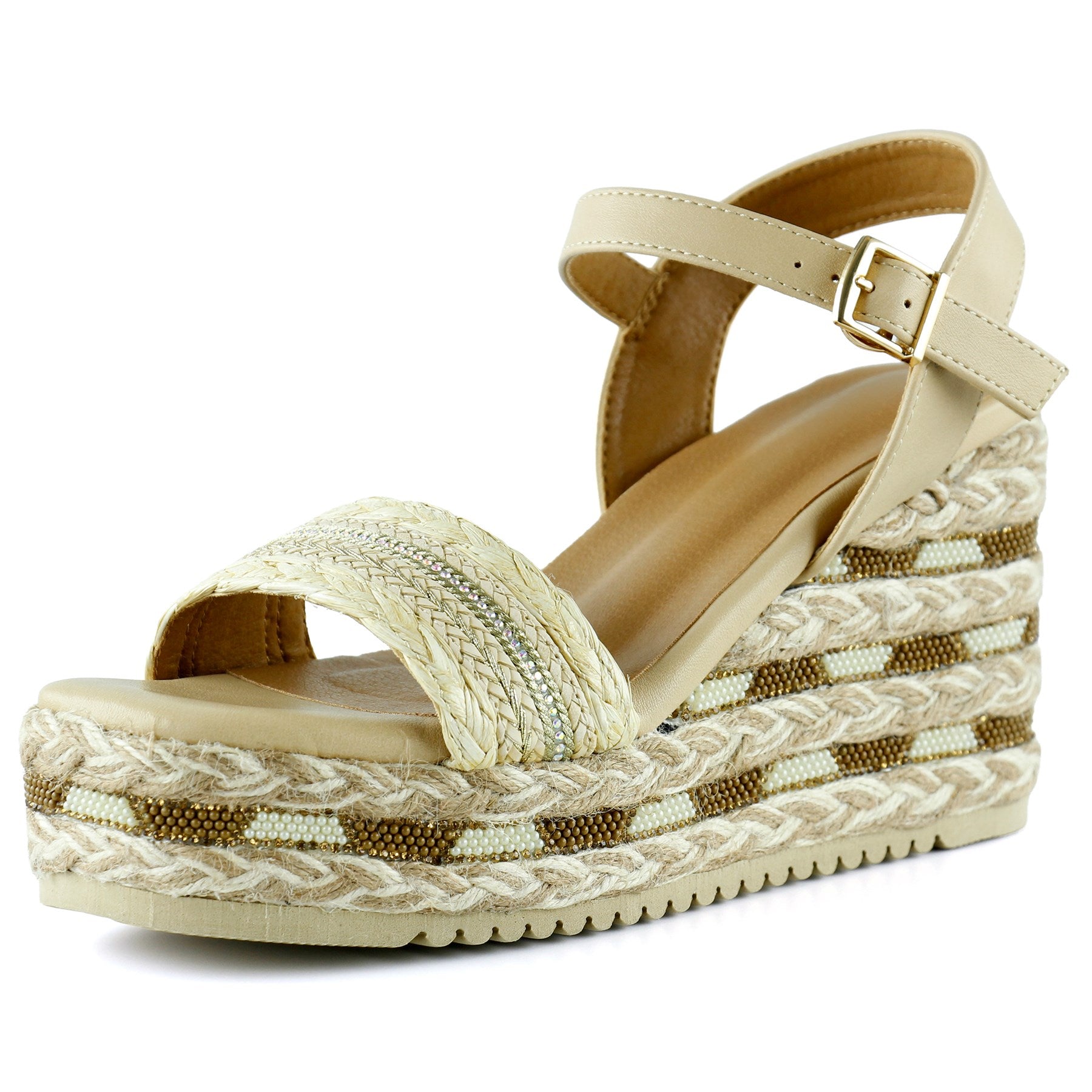 [7075] Bej Kristal Taşlı İncili Sim Nakışlı Tokalı Zikzak Örgü Jüt Dolgu Topuklu Sandalet