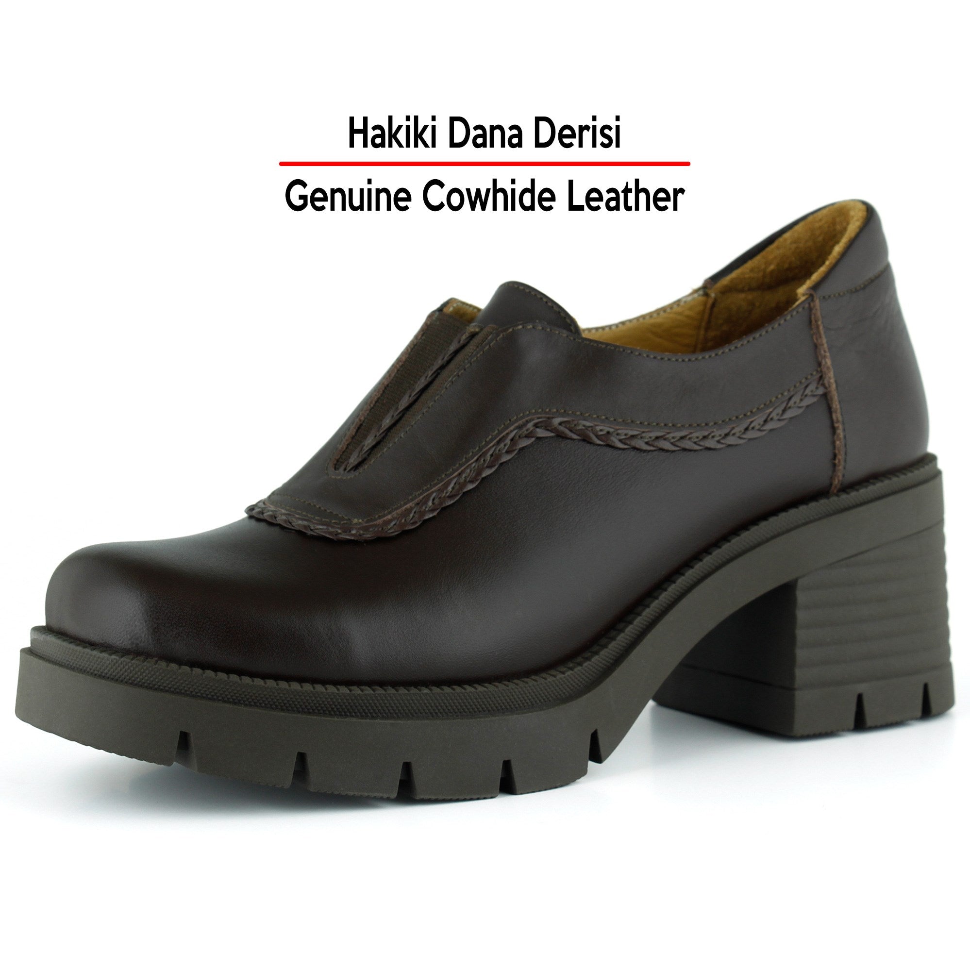 [MAX 5050] Kahverengi Hakiki Dana Derisi Lastikli Saç Örgü Detaylı Kalın Topuklu Günlük Loafer Ayakkabı