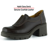 [MAX 5050] Kahverengi Hakiki Dana Derisi Lastikli Saç Örgü Detaylı Kalın Topuklu Günlük Loafer Ayakkabı
