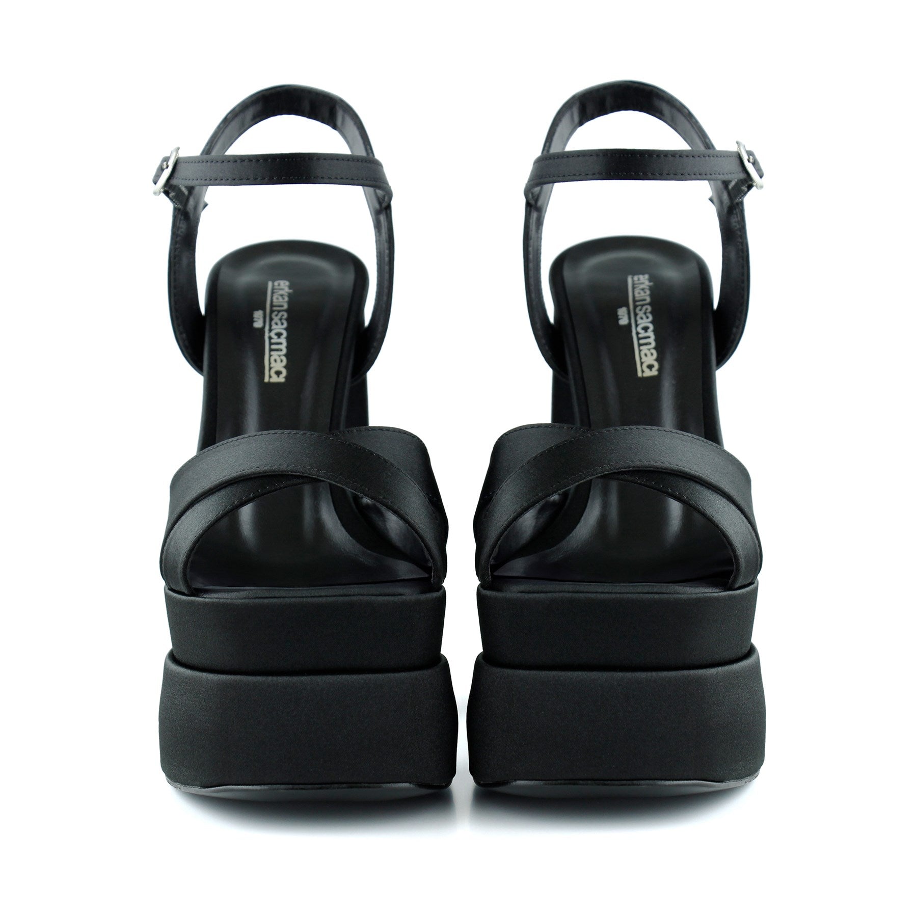 Whitney Siyah Saten Önü Arkası Açık Çift Platformlu Bantlı Kalın Topuklu Abiye Ayakkabı