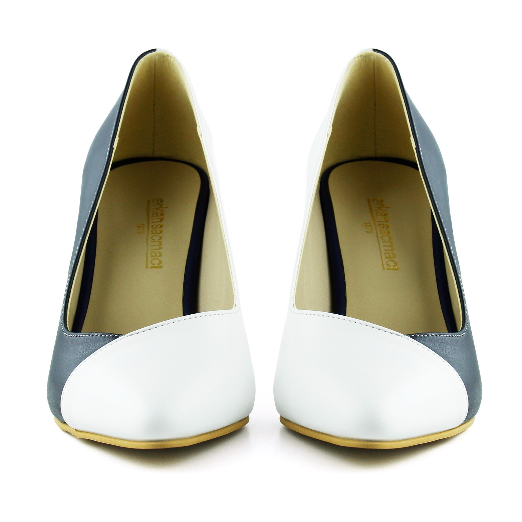 Jatqılı Plus Lacivert Beyaz İnce Kadeh Topuklu Klasik Ayakkabı