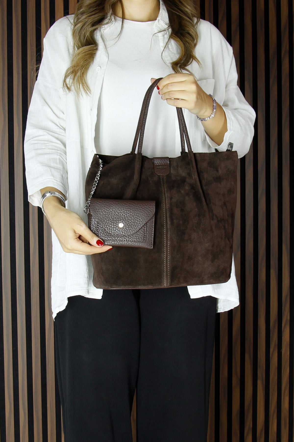 (VSN5010OC) Kahve Hakiki Dana Süet Manyetik Kapaklı İç Cepli Askılı Günlük Büyük Boy Omuz Çantası ve Cüzdanı