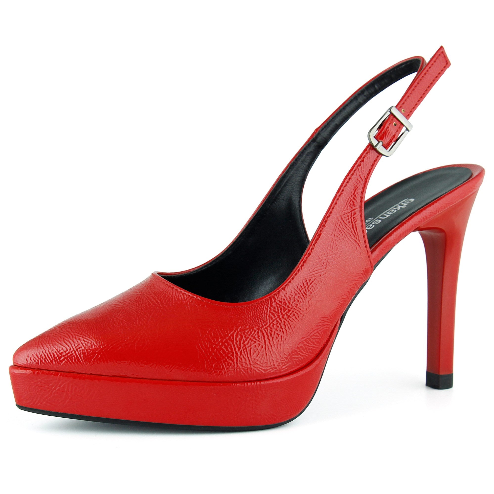 Scarlett Slingback Kırmızı Rugan Sivri Burun Arkası Açık İnce Platform Topuklu Ayakkabı