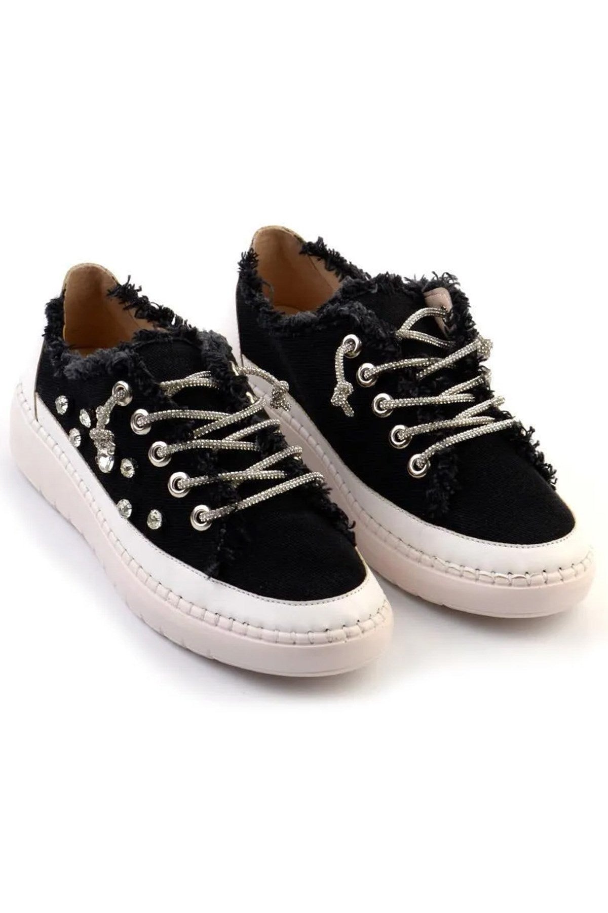 Valentina Siyah Denim Kristal Taşlı Gümüş Bağcıklı Sneaker