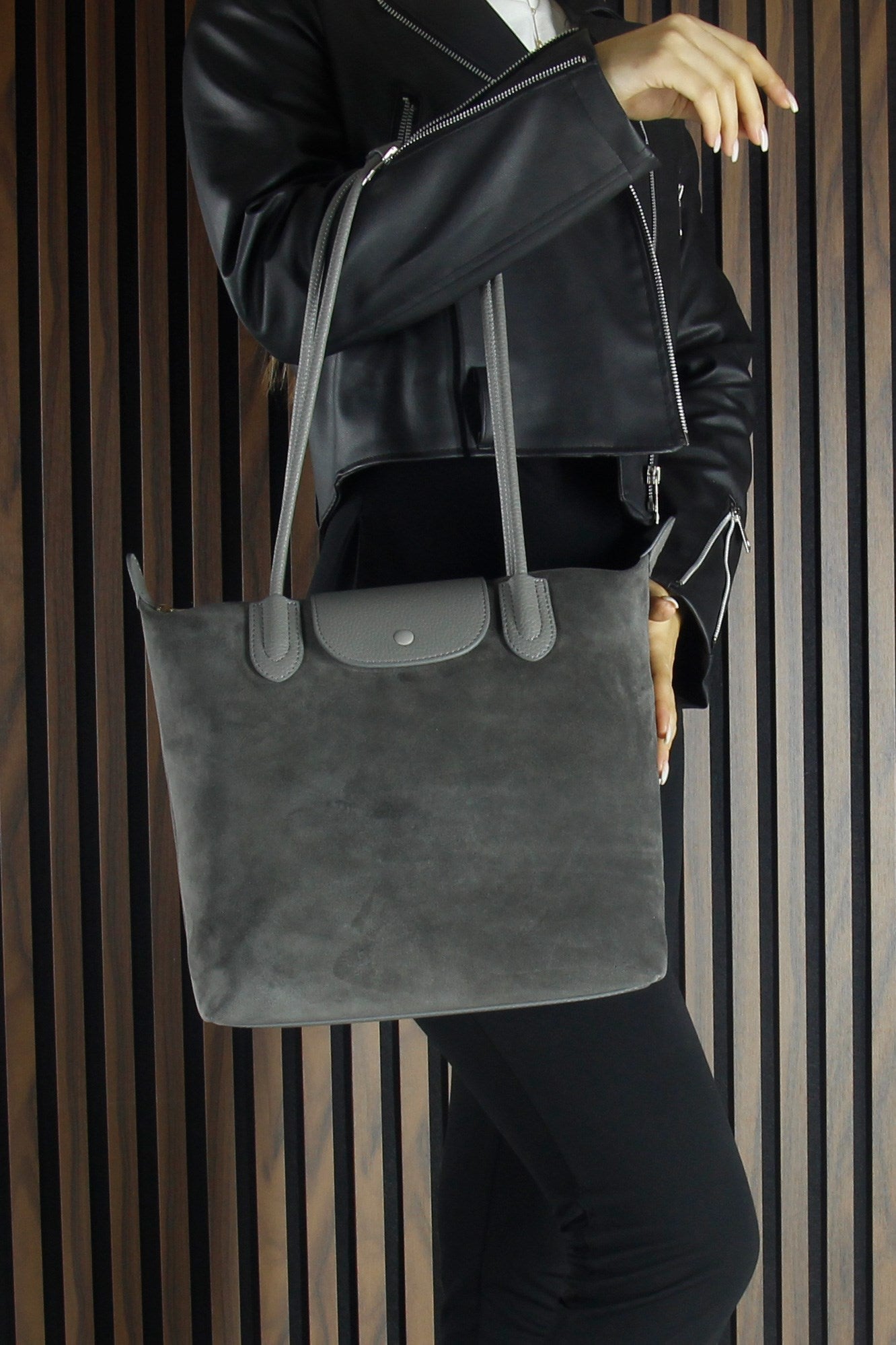 (VSN5017OC) Gri Hakiki Dana Süet Fermuarlı Manyetik Kapaklı Büyük Boy Günlük Omuz Çantası