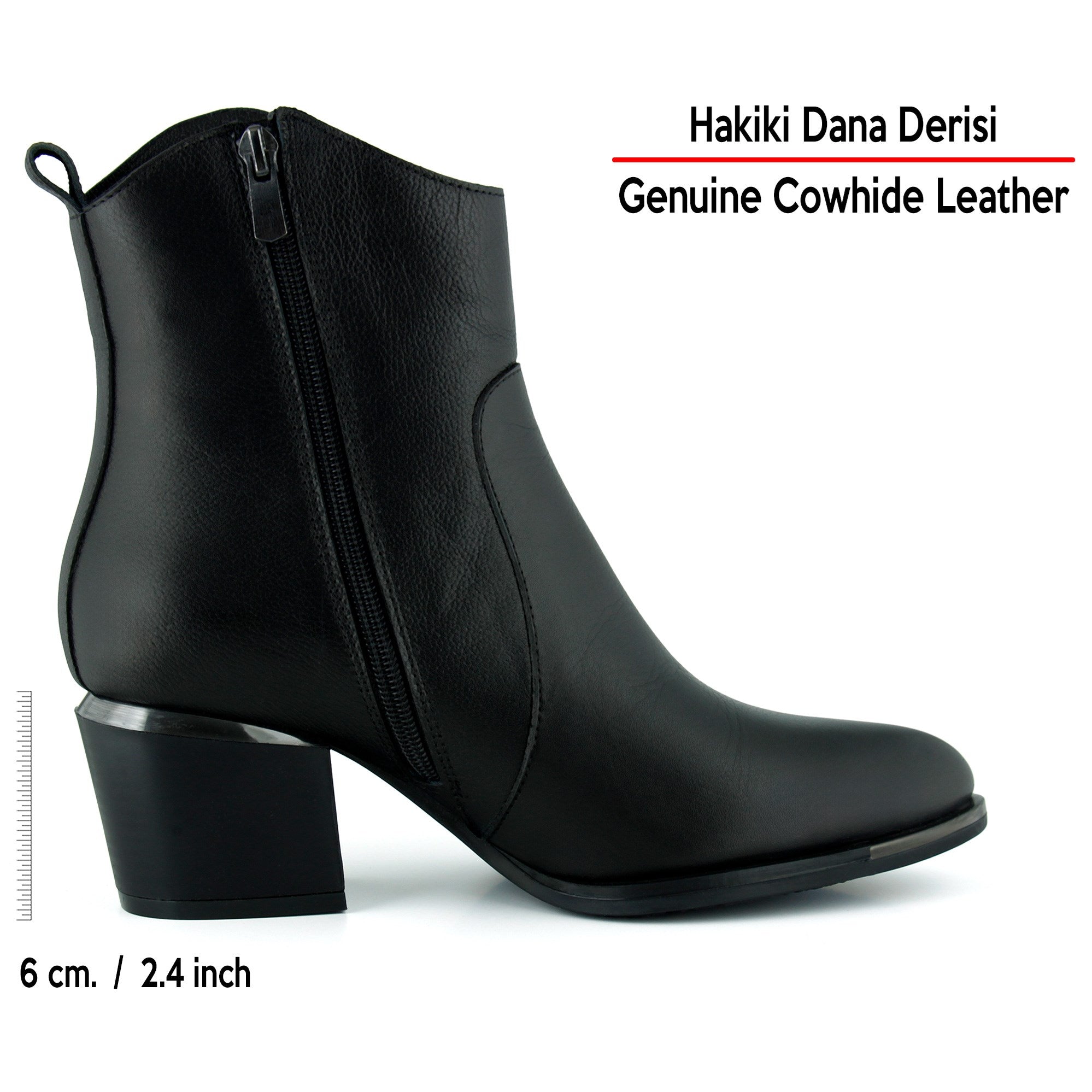 [MAX 504] Siyah Hakiki Dana Derisi Tokalı Fermuarlı Sivri Burun Kalın Topuklu Günlük Bot