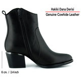 [MAX 504] Siyah Hakiki Dana Derisi Tokalı Fermuarlı Sivri Burun Kalın Topuklu Günlük Bot