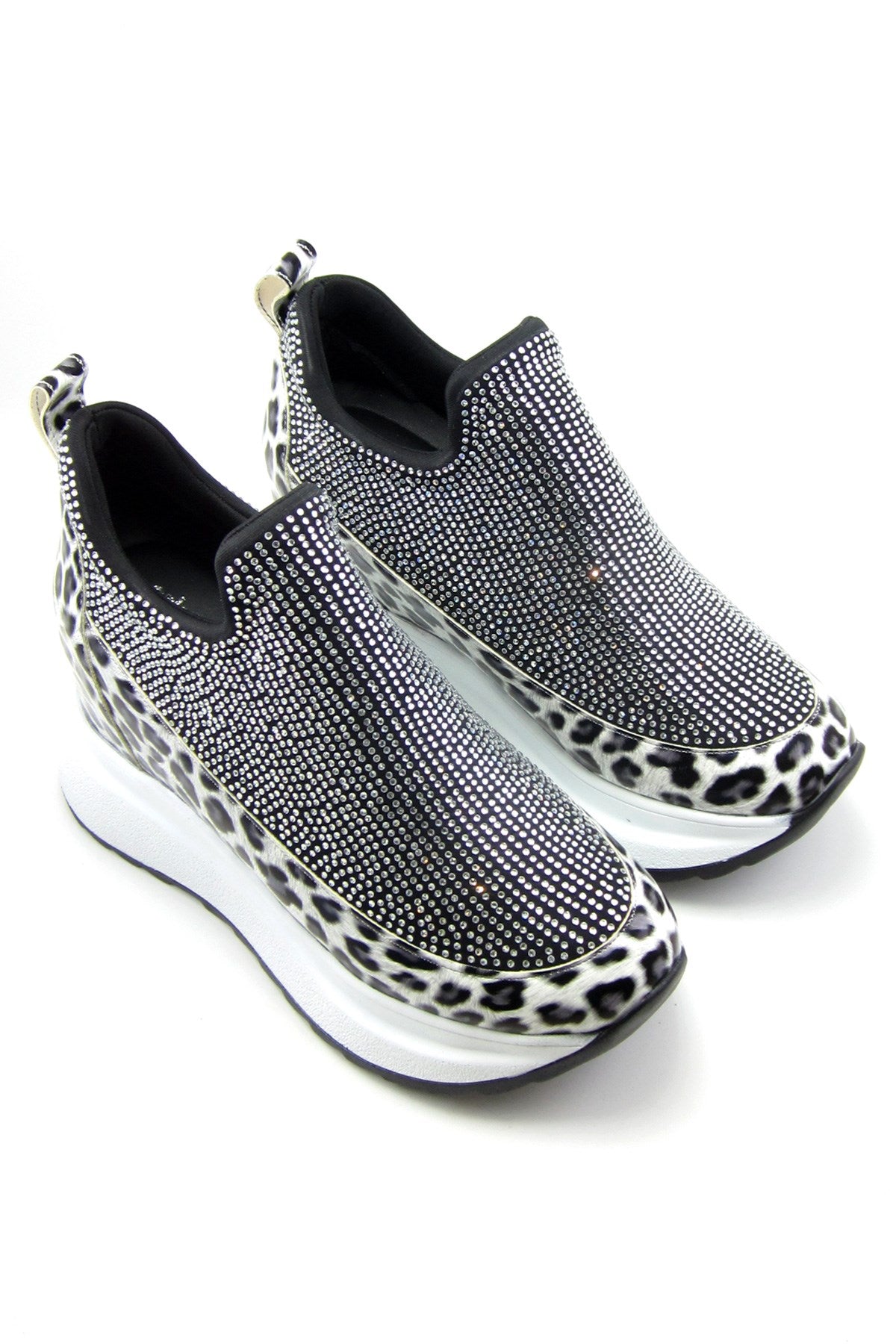 Daciana Beyaz Leopar Taşlı Streç Gizli Dolgu Günlük Ayakkabı
