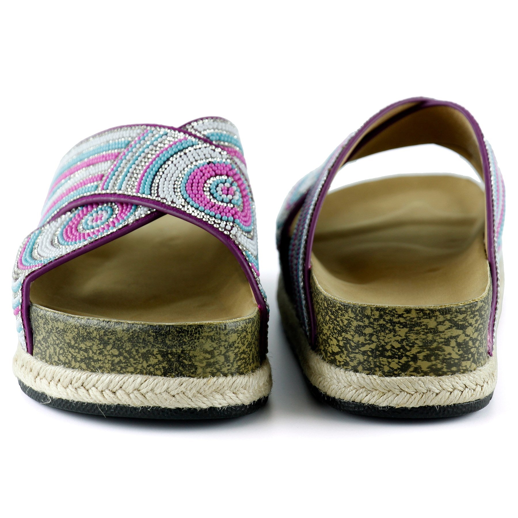 [7037] Pembe Turkuaz Boncuklu Çapraz Bantlı Kristal Taşlı Hasır Detaylı Mantar Taban Görünümlü Terlik