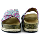 [7037] Pembe Turkuaz Boncuklu Çapraz Bantlı Kristal Taşlı Hasır Detaylı Mantar Taban Görünümlü Terlik