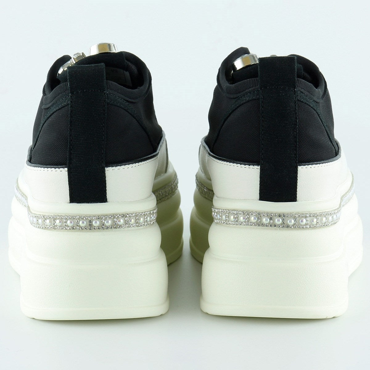 [5030] Siyah Beyaz Yüksek Taban Spor Kristal Taşlı İnci Detaylı Bağcıklı Platform Sneaker
