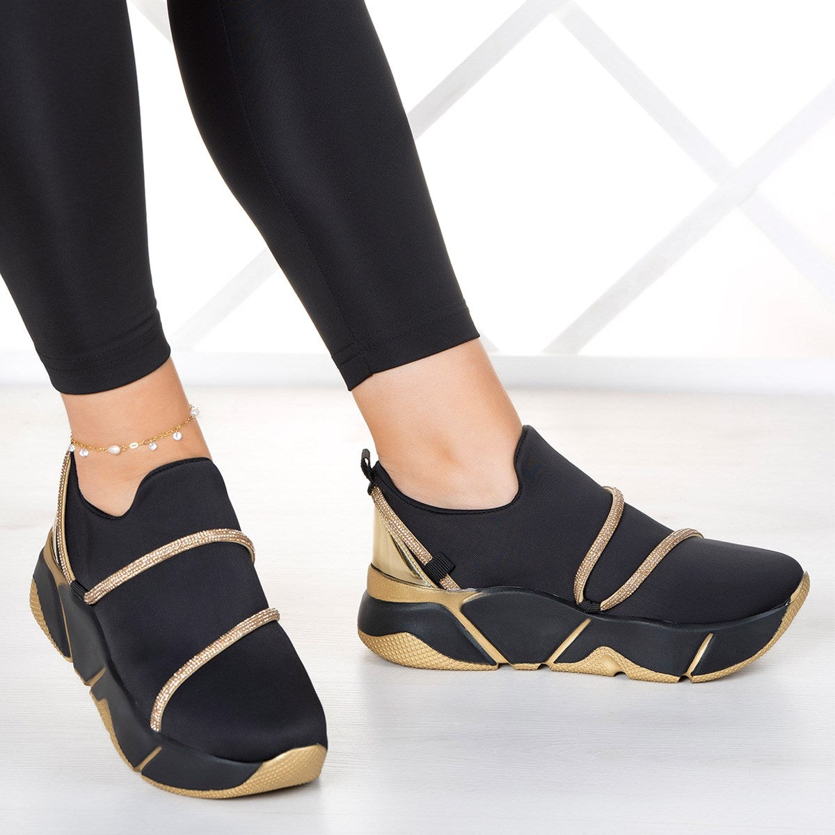 Barbara Altın Streç Taşlı Sneaker