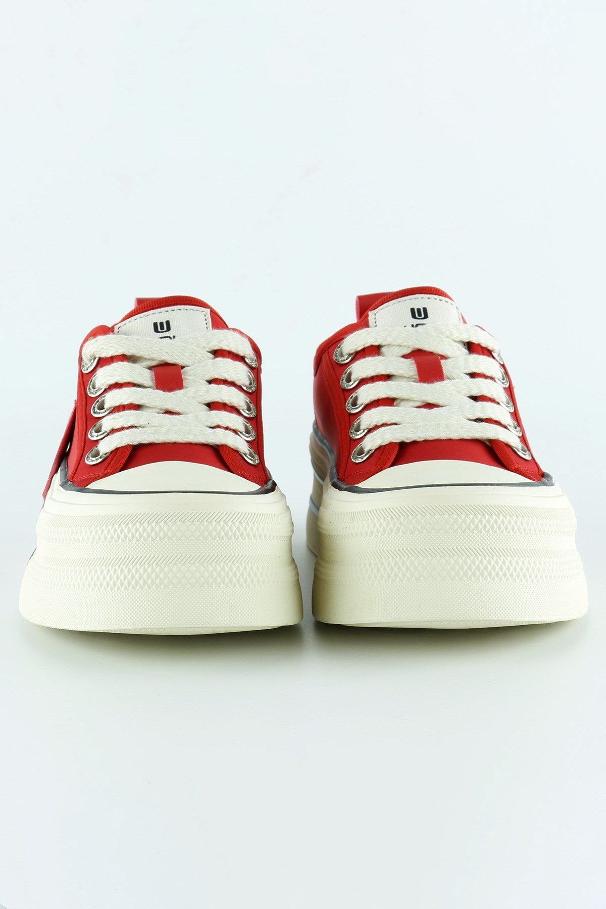 [5016] Kırmızı Saten Yüksek Taban Spor Taşlı Bağcıklı Platform Sneaker