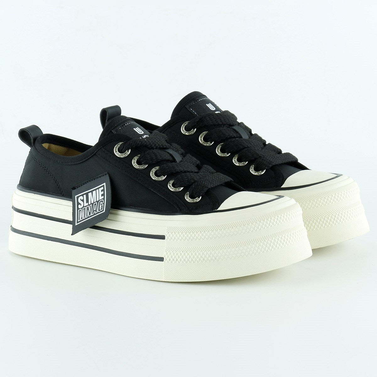 [5016] Siyah Saten Yüksek Taban Spor Taşlı Bağcıklı Platform Sneaker