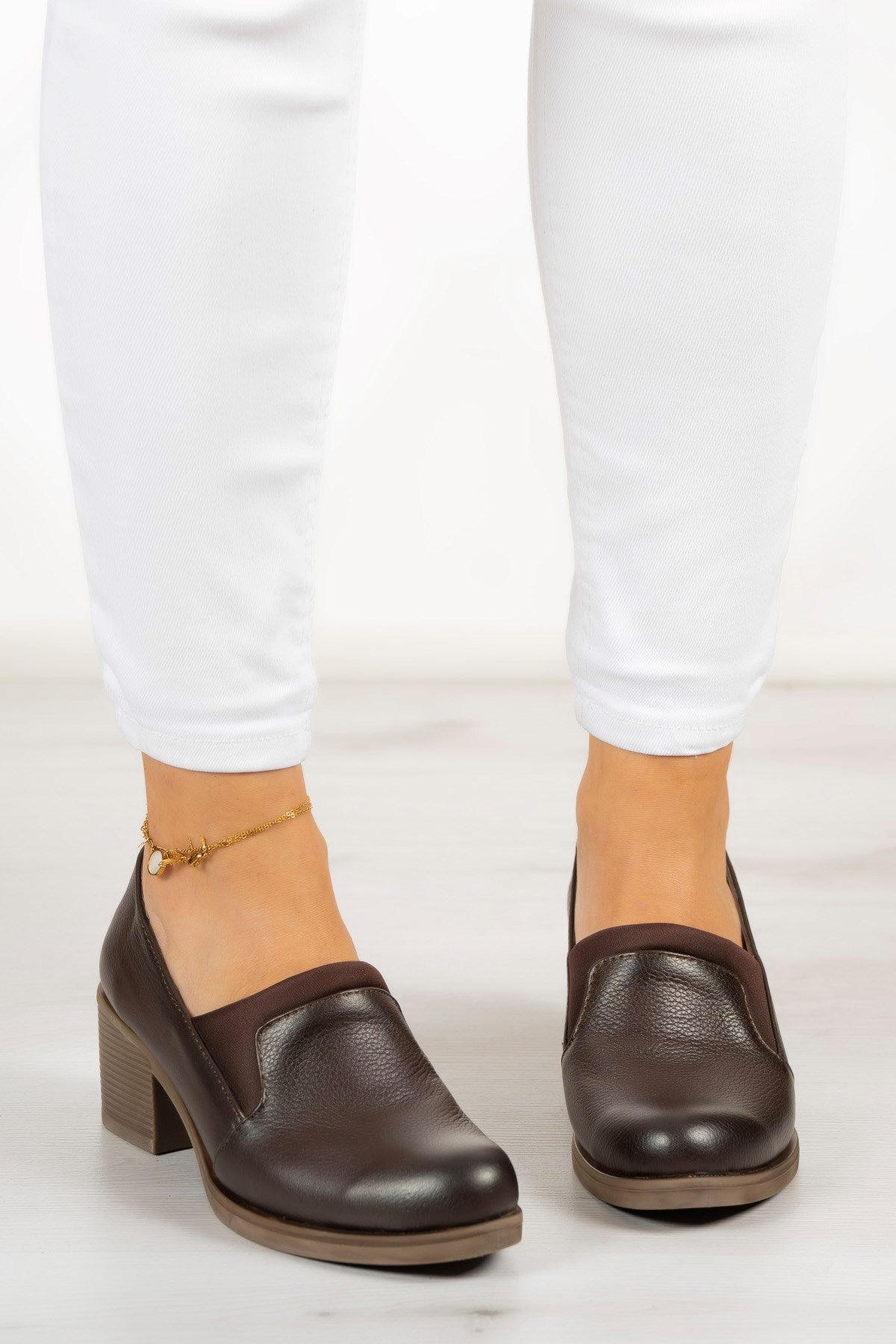 Alizee Kahverengi Hakiki Deri Günlük Topuklu Ayakkabı