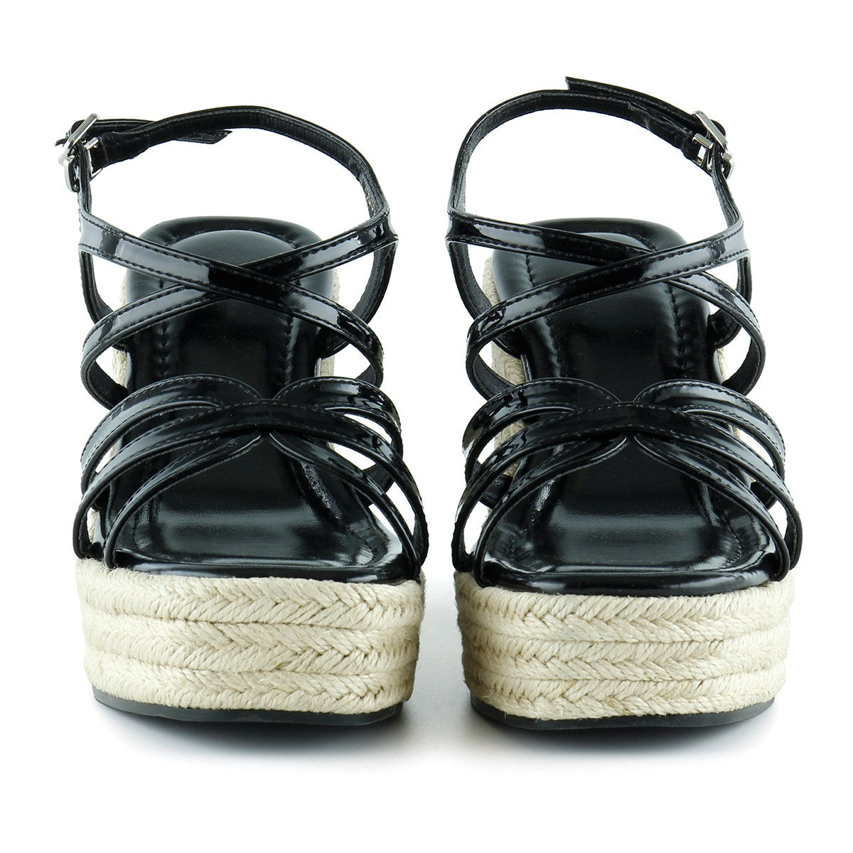 [7002] Siyah Rugan Çapraz Bantlı Taşlı Zikzak Örgü Jüt Platform Topuklu Sandalet