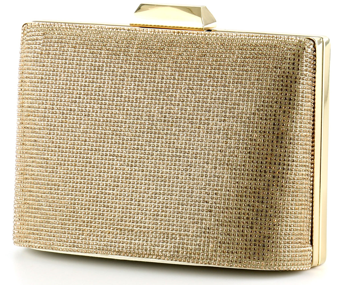 Altın Saten Kristal Taşlı Metal Saplı Zincir Askılı Abiye Çanta ( ES0011AC )