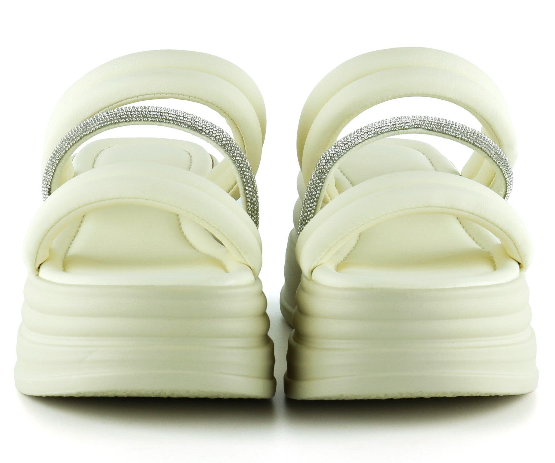 [7028] Bej Dolgu Taban Gümüş Taşlı Bantlı Platform Terlik