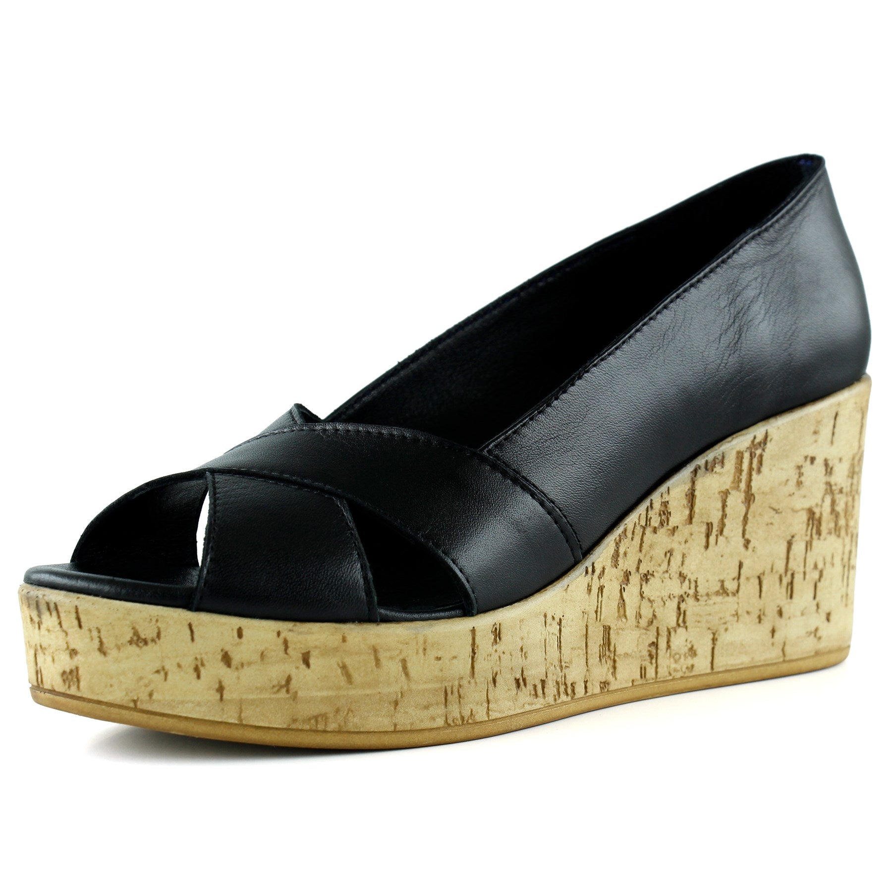 Astrid Siyah Hakiki Deri Çapraz Bantlı Mantar Taban Görünümlü Dolgu Topuklu Sandalet