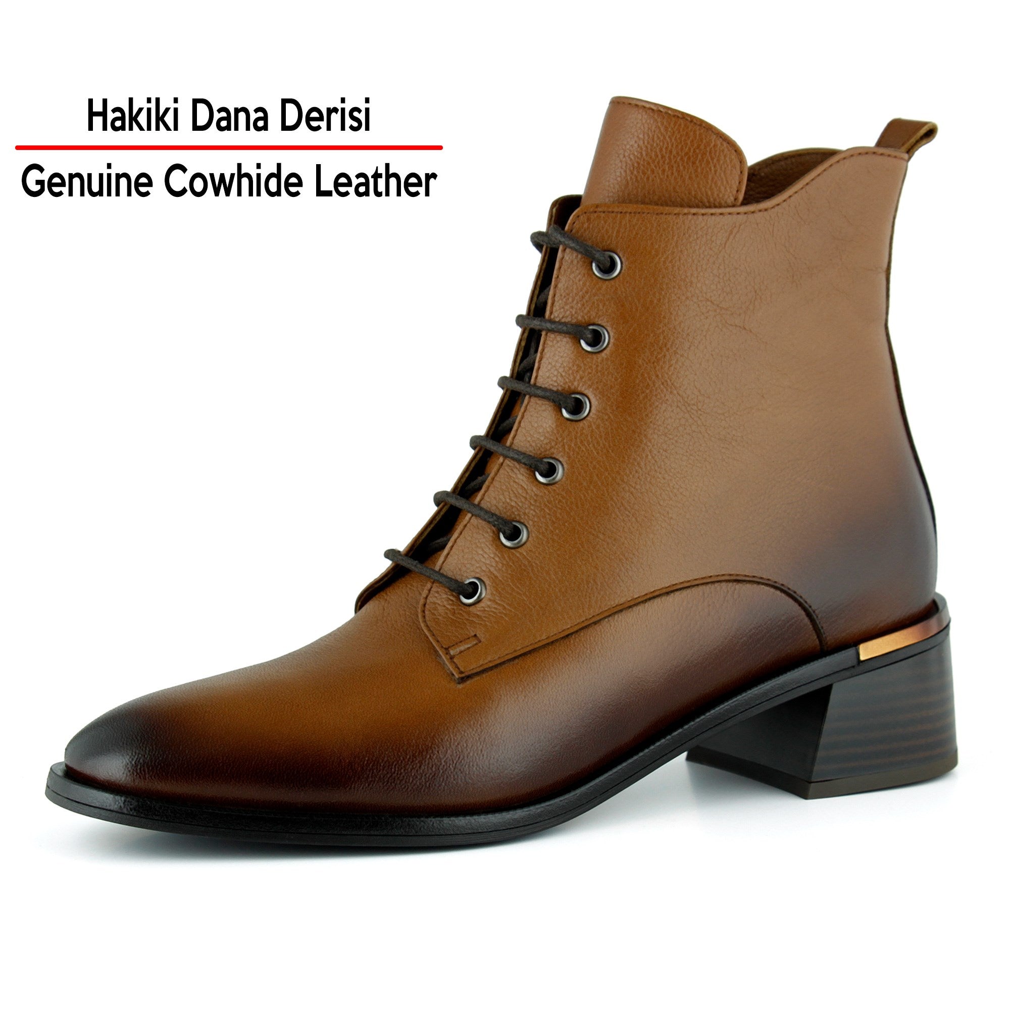 [MAX 505] Taba Hakiki Dana Derisi Bağcıklı Fermuarlı Yuvarlak Burun Kalın Topuklu Günlük Bot