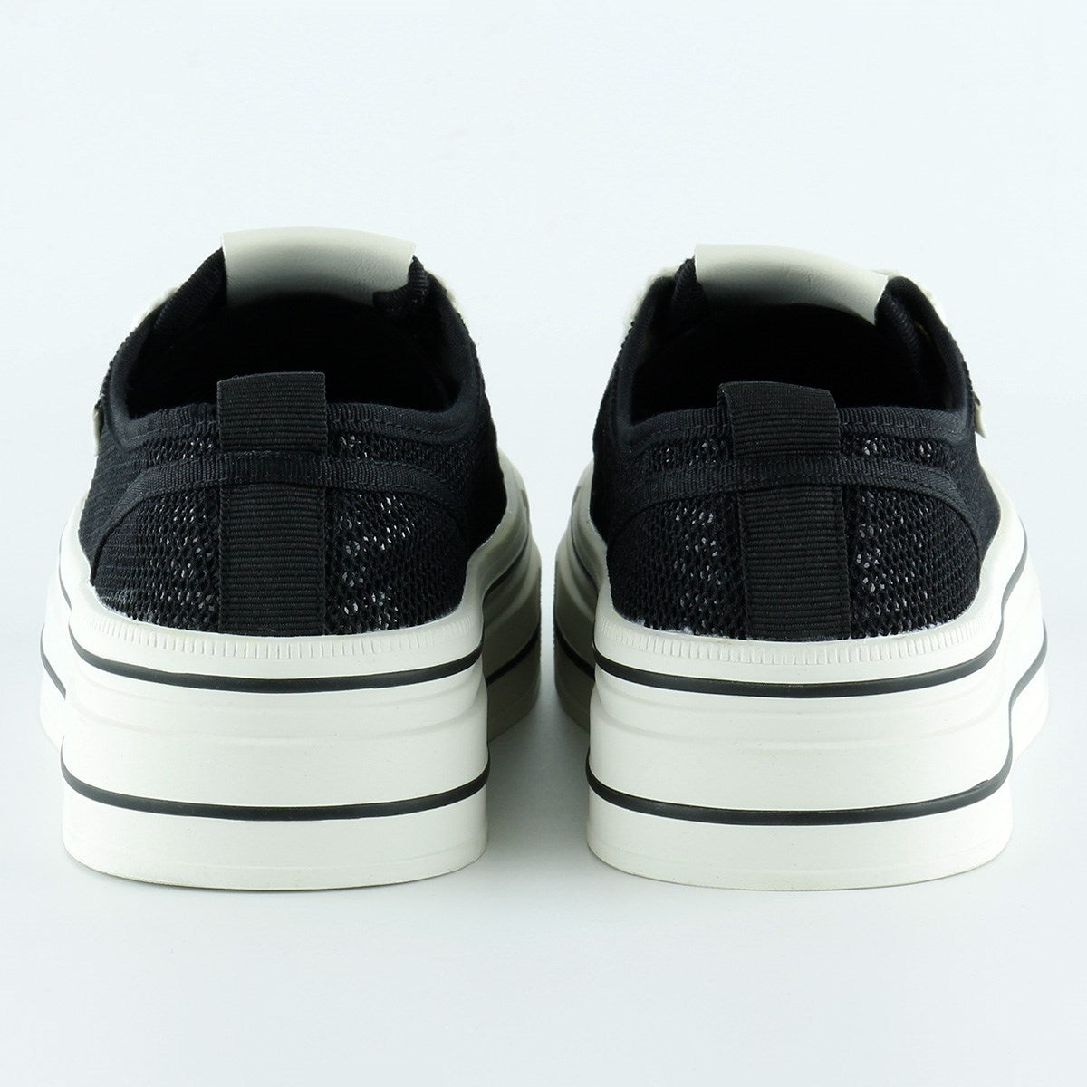 [5025] Siyah Beyaz Yüksek Taban Spor Fileli Taşlı Bağcıklı Platform Sneaker