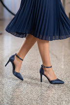 Sindy Plus Lacivert Saten Bantlı İnce Topuklu Abiye Stiletto Ayakkabı