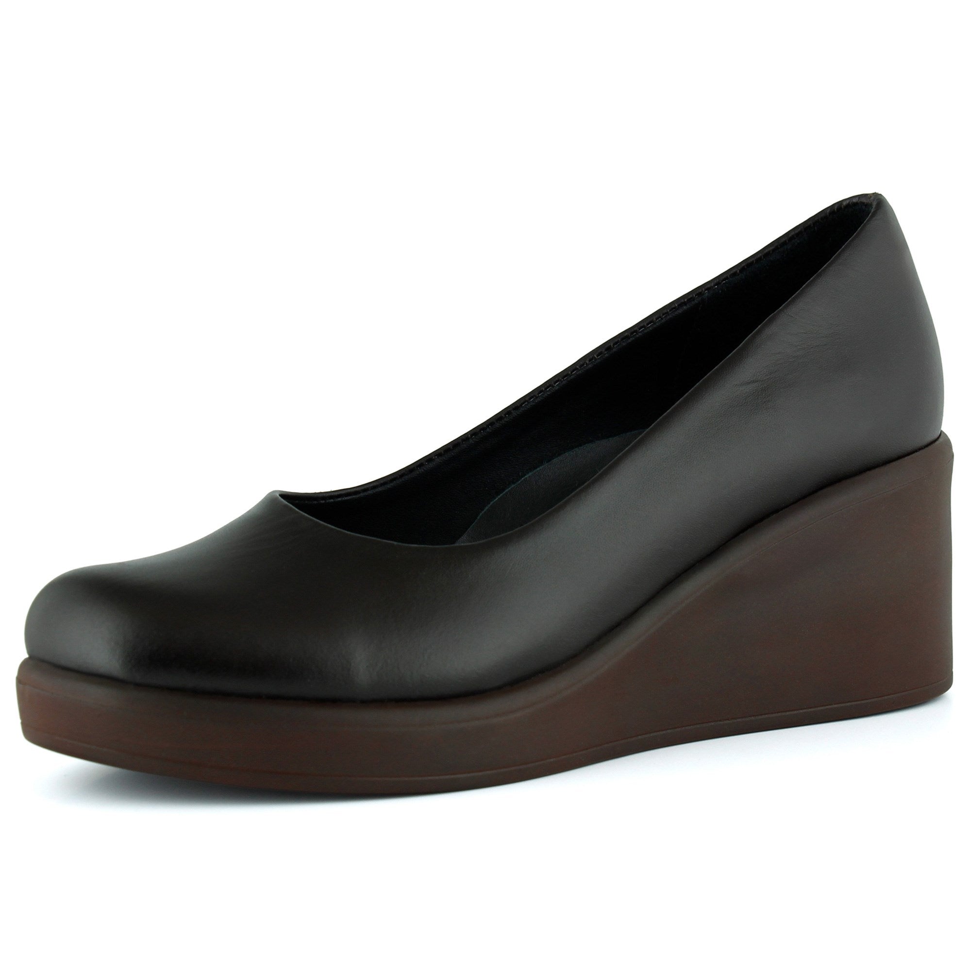 Mabel Kahverengi Hakiki Dana Derisi Yuvarlak Burun Dolgu Topuklu Günlük Ayakkabı