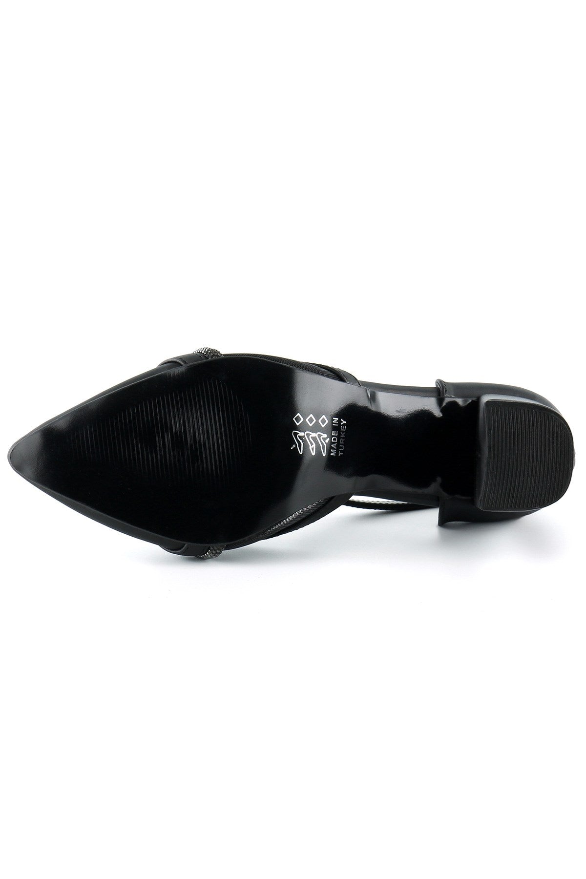 Molly Siyah Saten Taşlı Fileli Kalın Topuklu Ayakkabı