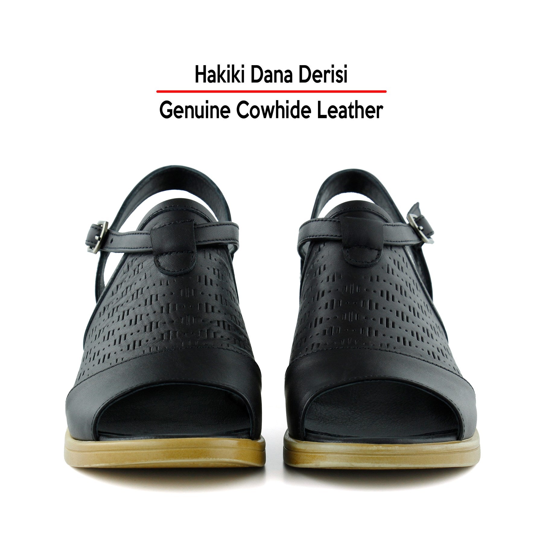 Amanda Siyah Hakiki Dana Derisi Kesik Detaylı Ayarlanabilir Tokalı Kalın Topuklu Günlük Sandalet