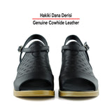 Amanda Siyah Hakiki Dana Derisi Kesik Detaylı Ayarlanabilir Tokalı Kalın Topuklu Günlük Sandalet