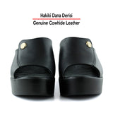 Tilda Siyah Hakiki Dana Derisi Metal Düğme Detaylı Önü Açık Dolgu Topuklu Terlik
