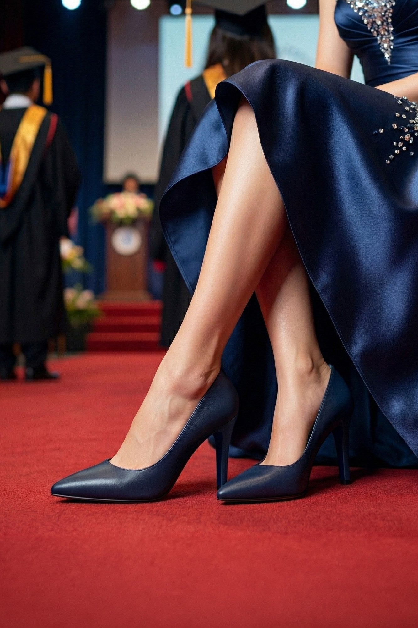 Gowa Lacivert Vegan Sivri Burun İnce Topuklu Klasik Stiletto Ayakkabı