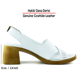 Seras Beyaz Hakiki Dana Derisi Çapraz Bantlı Delik Detaylı Cırt Bantlı Kalın Topuklu Günlük Sandalet