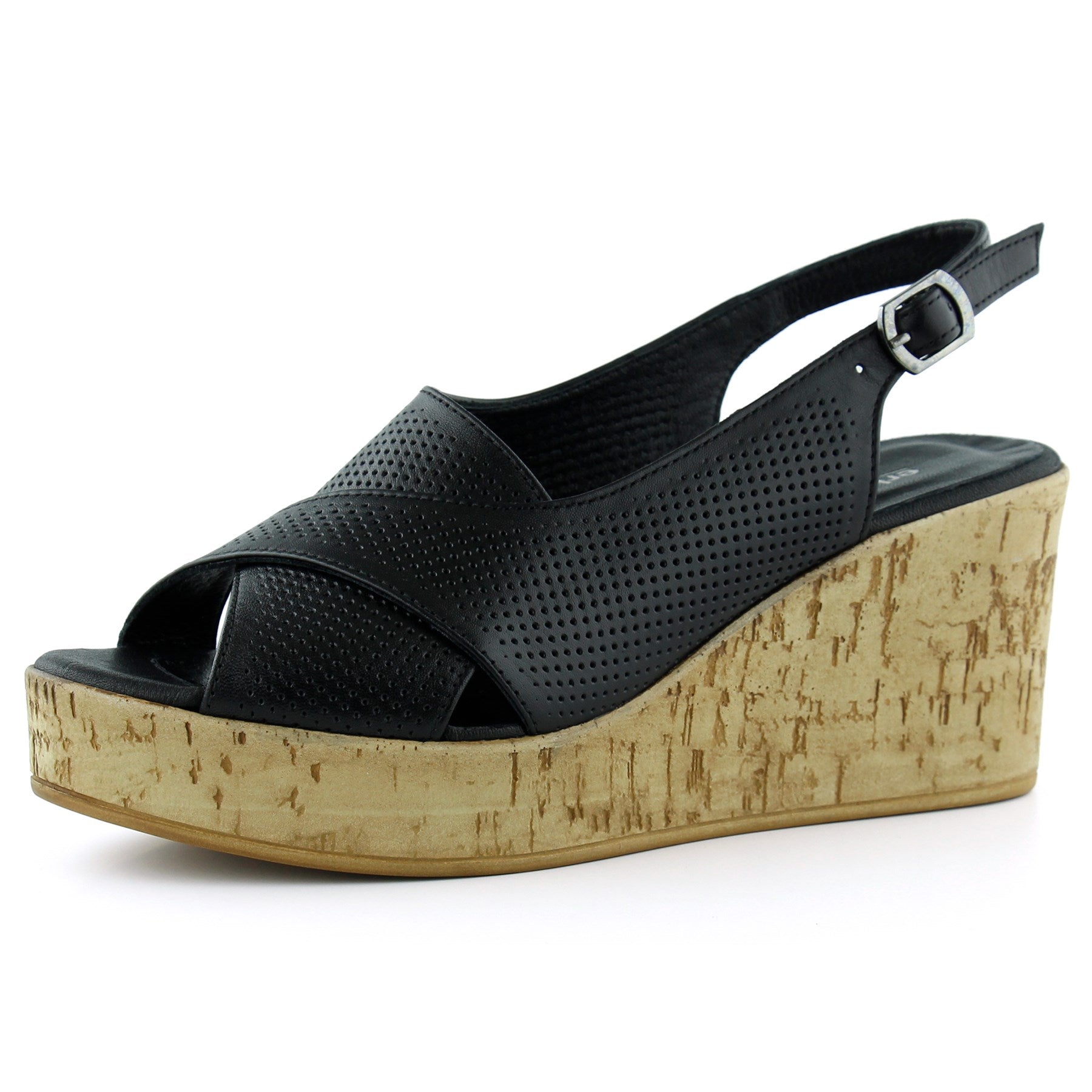 Serie Siyah Hakiki Dana Derisi Delik Detaylı Mantar Taban Görünümlü Dolgu Topuklu Slingback Sandalet