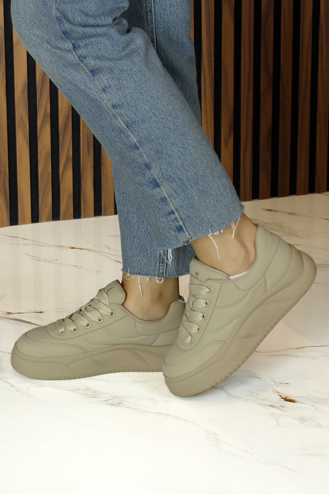 [8028] Haki Vegan Yuvarlak Burun Bağcıklı Flatform Taban Günlük Sneaker Spor Ayakkabı