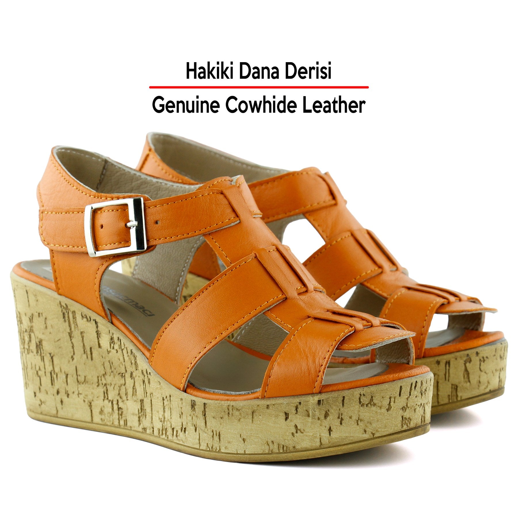 Xena Turuncu Hakiki Dana Derisi Mantar Taban Görünümlü Dolgu Topuklu Gladyatör Sandalet