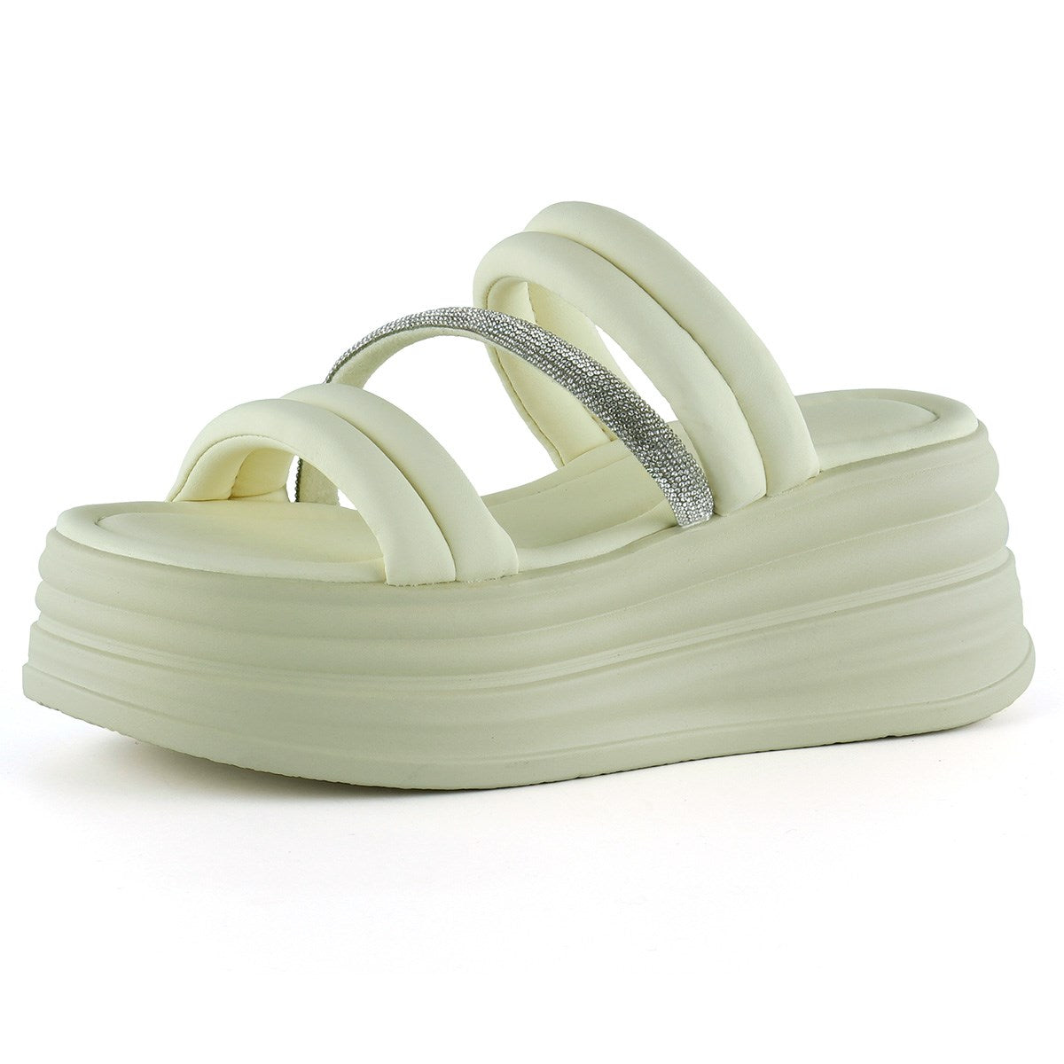 [7028] Bej Dolgu Taban Gümüş Taşlı Bantlı Platform Terlik