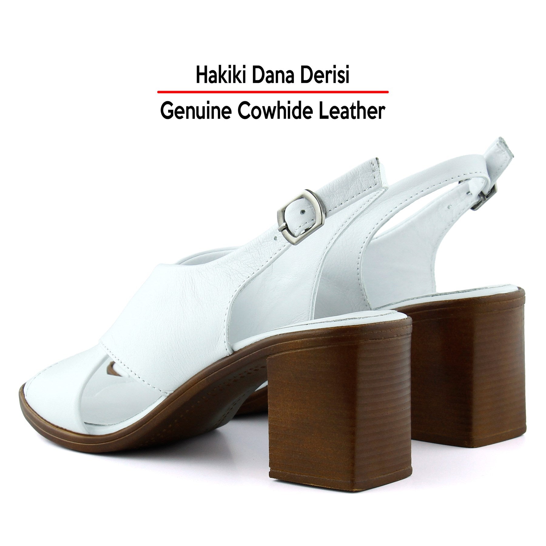 Soleil Beyaz Hakiki Dana Derisi Çapraz Bantlı Kalın Topuklu Rahat Günlük Sandalet