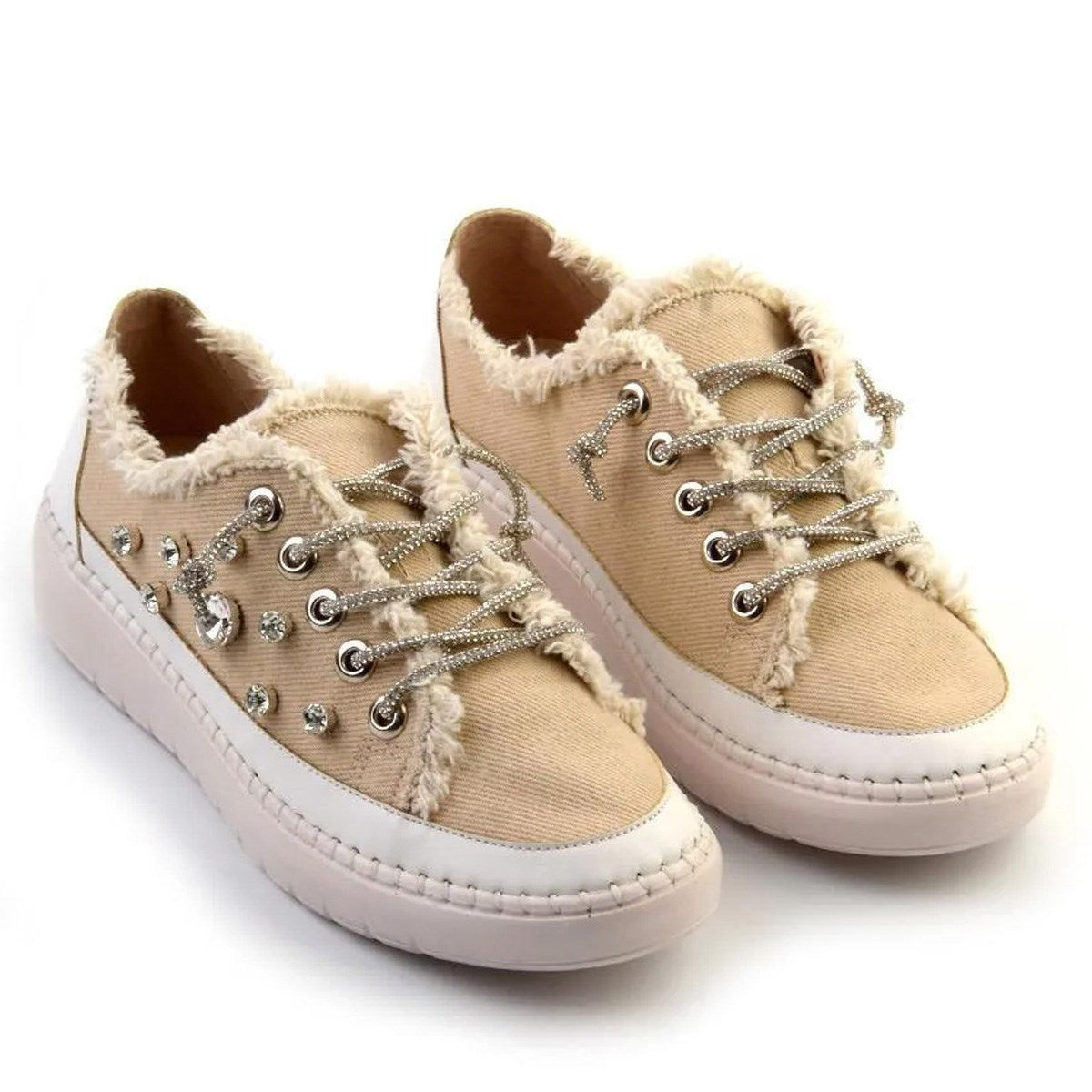 Valentina Bej Denim Kristal Taşlı Gümüş Bağcıklı Sneaker