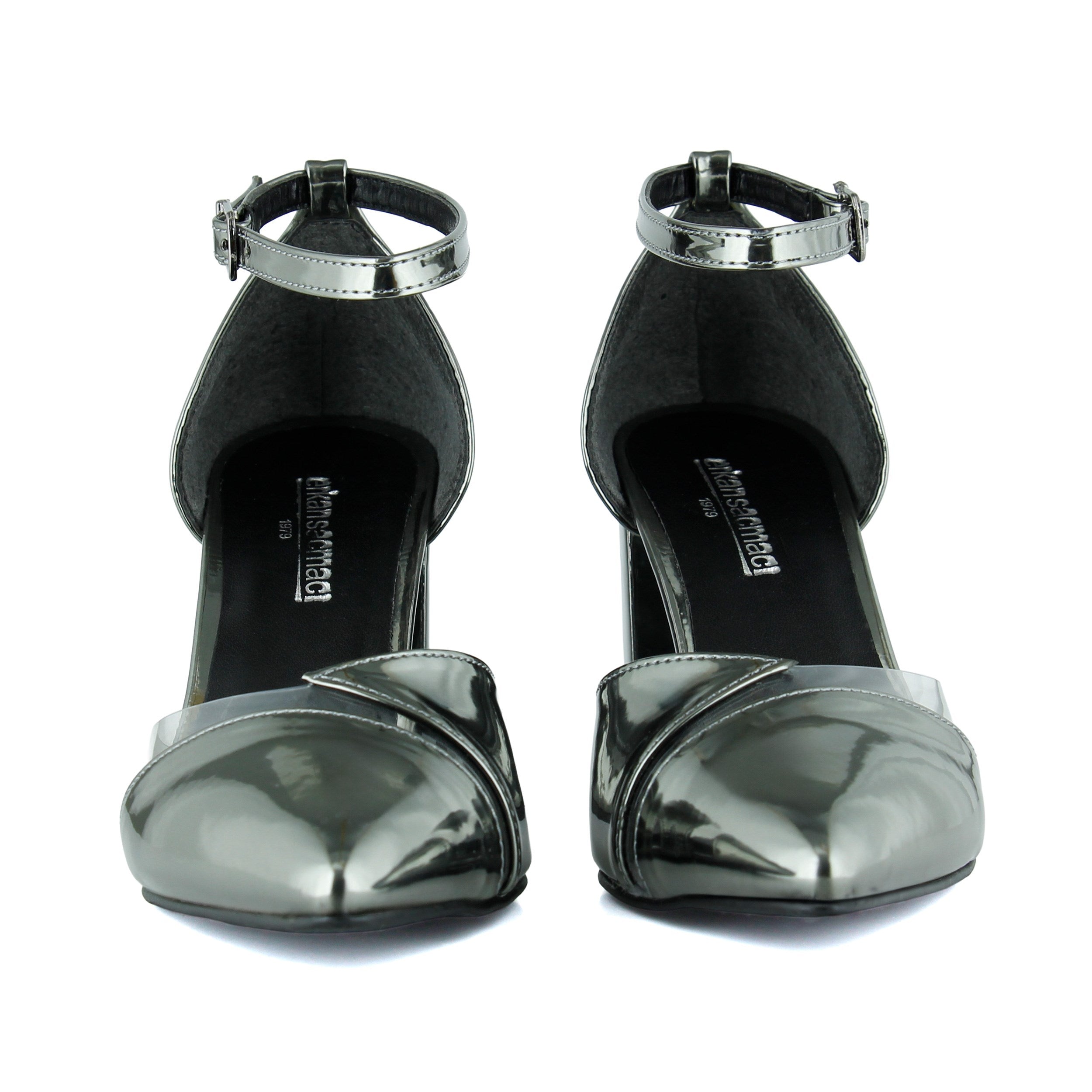 Aurora Platin Ayna Şeffaf Tasarım Sivri Burun Kalın Topuklu Klasik Ayakkabı